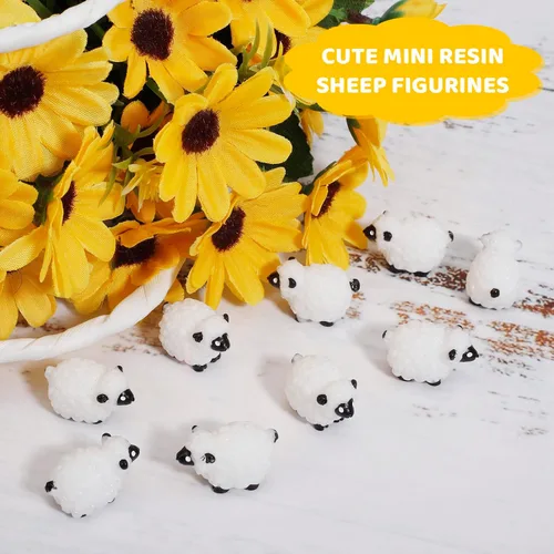 Vista 5 de 100 mini figuras de oveja blanca en miniatura de resina de ovejas pequeñas, lindas figuritas pequeñas de hada al aire libre, adornos de musgo, Negro