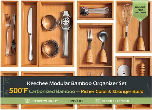 Vista 15 de keechee Organizador grande de bambú carbonizado para cajones de cocina, organizador de cubiertos expandible con 12 ranuras, soporte para utensilios
