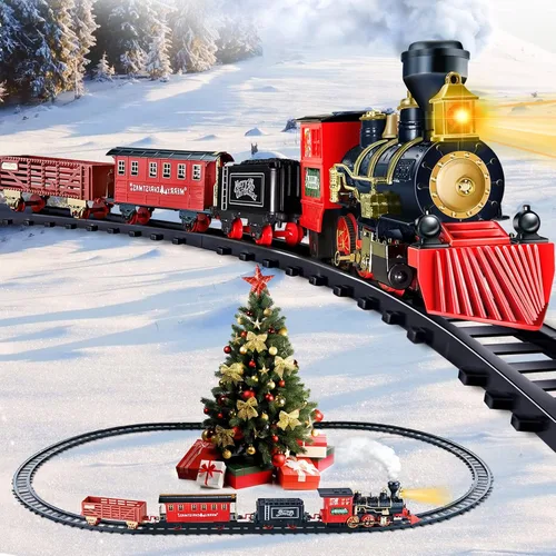 Vista 8 de Juego de Tren BainGesk, Juego de Tren de Navidad con Vapor, Luz y Sonidos, Juguete de Tren Eléctrico para Niños y Niñas, Juego de Tren de Navidad