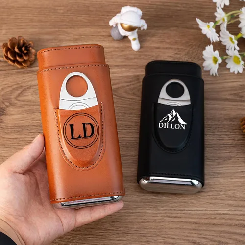 Vista 6 de Estuche de cuero personalizado para puros para hombres, juego de humidificador de caja de puros de viaje y accesorios, soporte de puros portátil