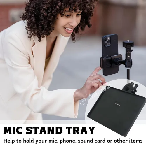 Vista 2 de Bandeja Universal para Micrófono, Soporte de Micrófono Ajustable con Abrazadera, Estante Utilitario con Bandeja para Partituras Musicales