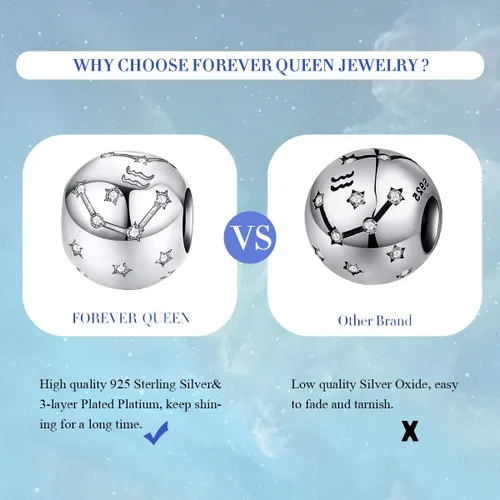 Vista 5 de FOREVER QUEEN Letrero de estrella del zodiaco de plata de ley 925, dije de cuentas para pulseras, collar de 12 constelaciones compatible con pulsera