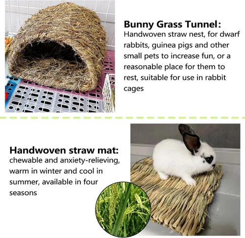 Vista 6 de Hamiledyi Túnel de hierba de conejo, cama de hierba de conejo, tapete tejido de paja natural para invierno, cabaña escondida cálida para conejo