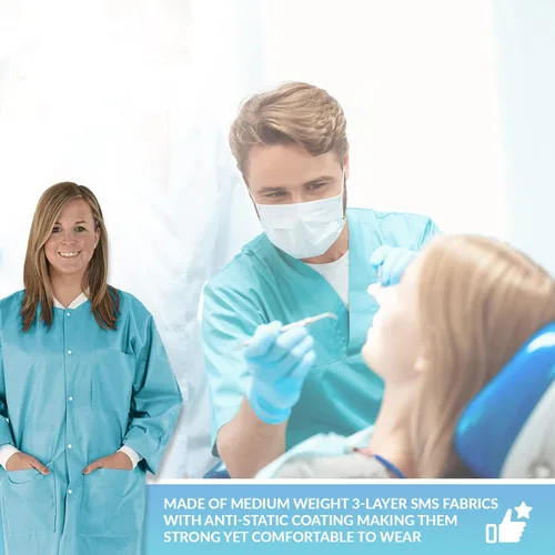 Vista 6 de 10 abrigos de laboratorio desechables Abrigo de laboratorio reutilizable duradero de 1.76 oz SMS hasta la rodilla con puños y bolsillos de punto