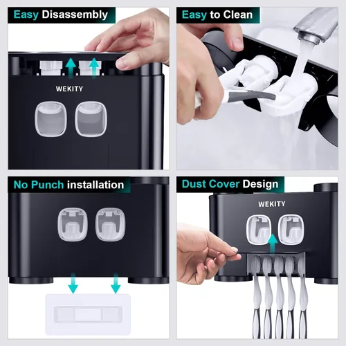 Vista 6 de Portacepillos de Dientes, Portacepillos de Dientes Multifuncional Montado en Pared, Dispensador de Pasta de Dientes para Baño con 2 Exprimidores