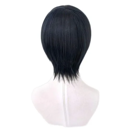Vista 4 de Lwiuentx Haikyuu!! Cosplay kageyama tobio peluca corta y recta negra para hombres y mujeres, fiesta de Halloween + gorra de peluca gratis