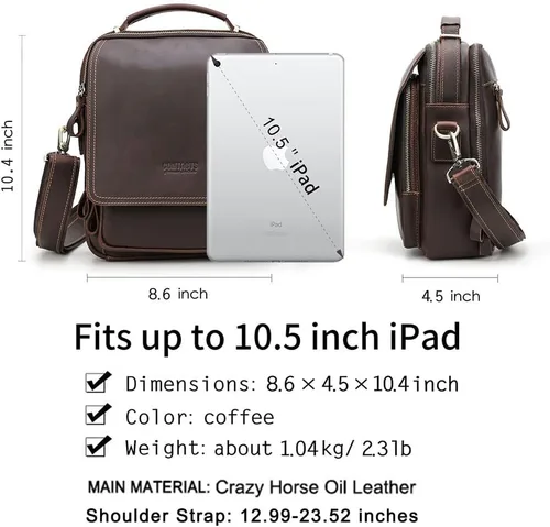 Vista 3 de CONTACTS Bolso de mensajero de cuero de grano completo para hombre, bolso de hombro cruzado, bolso de viaje para iPad de 10.5 pulgadas (marrón)