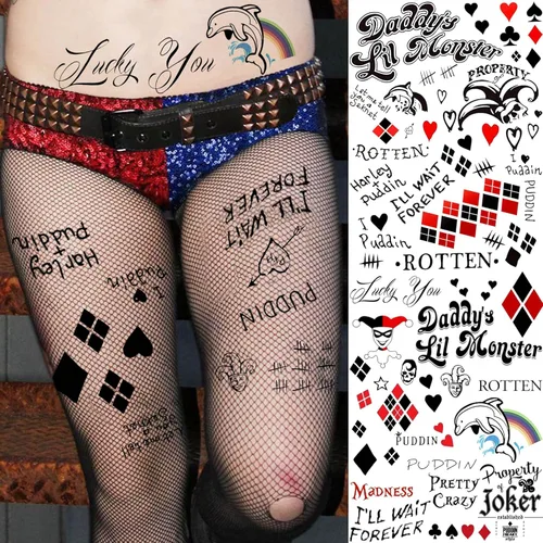 Vista 6 de 5 hojas de tatuajes temporales de Halloween HQ para mujeres, hombres y adultos, tatuajes de manos de cara de Joker, kit de maquillaje de Halloween