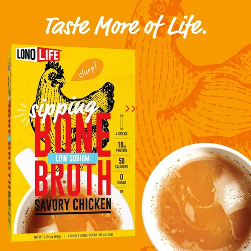 Vista 5 de LonoLife - Sobres individuales de caldo de huesos de pollo bajo en sodio: 0.35 onzas de proteína, apto para dieta Keto, 4 porciones individuales