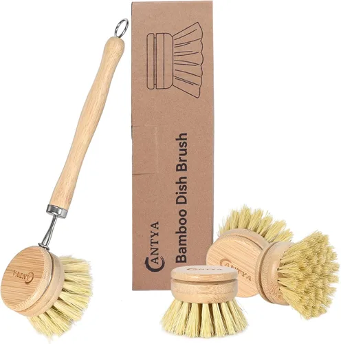 Vista 8 de Limpiador de platos de bambú con mango – Cepillo de cerdas duras de cerdas naturales, cepillo de cocina sostenible y biodegradable para platos