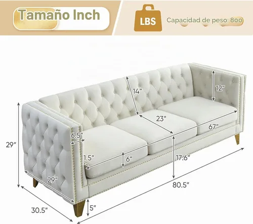 Vista 2 de Juego de 2 sofás de terciopelo para sala de estar, cómodo loveseat y sofá de 3 plazas, sofá moderno con respaldo acolchado y decoración de remaches