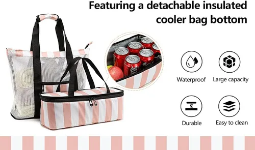 Vista 5 de Bluboon Bolsa de playa de malla con enfriador aislante, bolsas de piscina desmontables para mujer