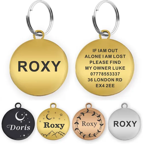 Vista 7 de Etiquetas de perro grabadas para mascotas, etiquetas de nombre de perro personalizadas, etiquetas de identificación para perros pequeños, etiquetas