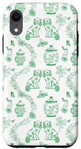 Vista 24 de Funda para iPhone XS Max Preppy Green & White Toile Chinoiserie Dogs and Ginger Jars
