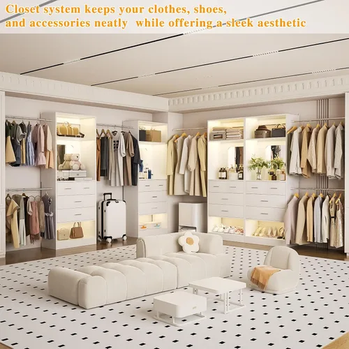 Vista 2 de Sistemas de Armarios Unikito, Organizador de Vestidor de 6-14 Pies con 8 Cajones y Espejo, Inserto de Armarios de Madera Grande de 168" con Torre