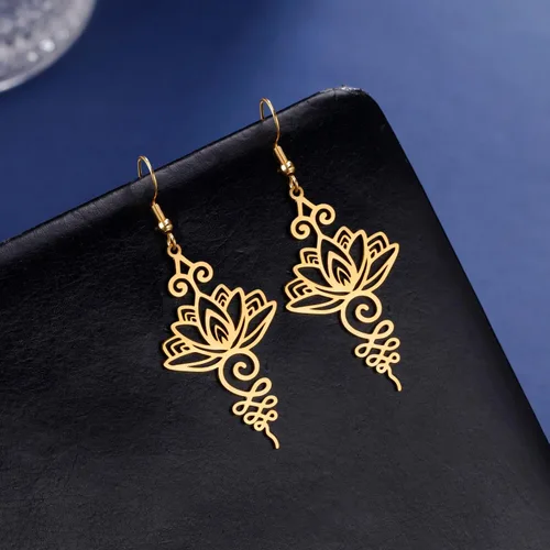 Vista 2 de kkjoy Collar de loto Unalome de acero inoxidable, flor de loto, símbolo de yoga, aretes inspiradores de budismo, joyería para mujeres y niñas