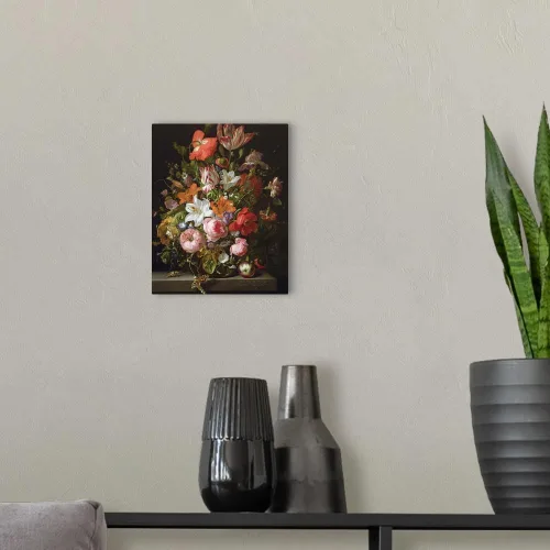 Vista 3 de CANVAS ON DEMAND Naturaleza muerta de rosas, lirios, tulipanes y otras flores en un jarrón de cristal, lienzo impreso para pared, por Rachel