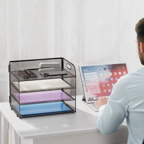 Vista 6 de Marbrasse Organizador de Papel de 4 Niveles Bandeja para Cartas - Organizador de Archivos de Escritorio de Malla con Asa, Organizador Clasificador