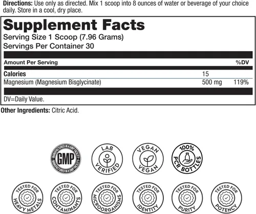 Vista 2 de SOLARAY Polvo de glicinato de magnesio de 500 mg – Suplemento de magnesio extra fuerte, sin sabor para apoyo óseo, muscular y de relajación, vegano