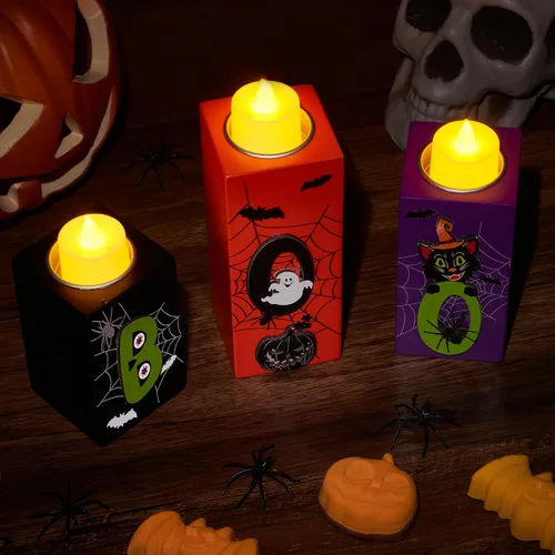 Vista 2 de BlcTec Decoraciones de Halloween, 3 PIEZAS Portavelas de Madera de Halloween con Luces de Té LED y Tallado 3D, Centros de Mesa de Velas de Madera