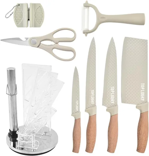 Vista 7 de Wiztoynia - Juego de cuchillos de cocina de 8 piezas, color caqui, súper afilados, con bloque acrílico para cocina pequeña, antioxidante