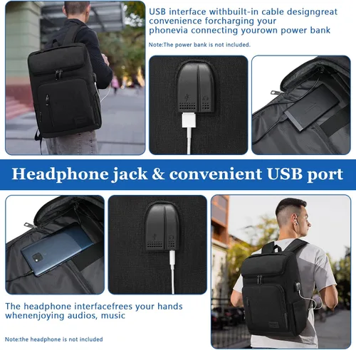 Vista 5 de YALUNDISI - Mochila vintage con puerto de carga USB para mujeres y hombres para laptop y viajes, Negro, 15,6 pulg.