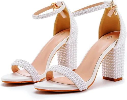 Vista 2 de Sandalias de tacón grueso con perlas de 2.95 pulgadas para mujer, zapatos de tacón grueso con diamantes de imitación para novia, boda, fiesta