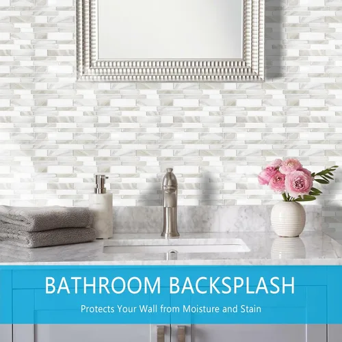 Vista 3 de Vamos Tile 10 azulejos autoadhesivos en lámina para loseta en muro, 12 x 12 pulgadas, diseño de color claro, para loseta en muro de cocina y baño