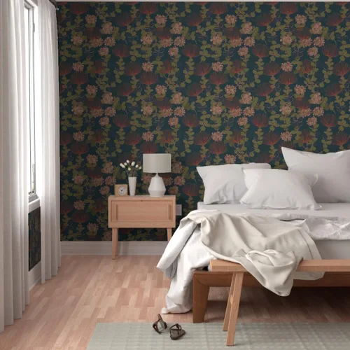 Vista 5 de Muestro de papel tapiz extraíble, diseño botánico oscuro hawaiano, flores florales hawaianas, color rojo, verde azulado, tropical mojado, papel