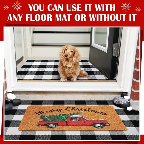 Vista 4 de Geelin 2 Tapetes de Puerta de Navidad, Felpudo Delantero Navideño a Cuadros Buffalo Blanco y Negro, Alfombra Decorativa de Árbol de Navidad