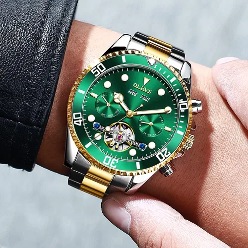Vista 2 de OLEVS Reloj automático para hombres, reloj mecánico de cuerda automática, calendario para hombres, reloj de pulsera de acero inoxidable con esfera