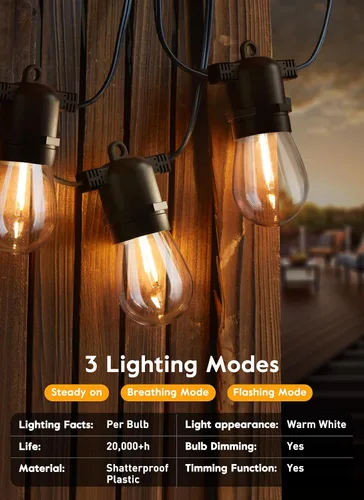 Vista 4 de Minetom Tira de luces solares de 34 pies para exteriores con control remoto, luces de patio con 10 bombillas LED inastillables y ganchos, enchufe