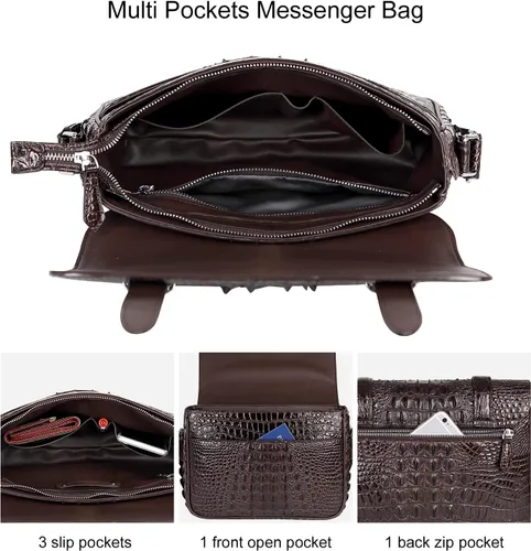 Vista 6 de PIJUSHI Bolso bandolera de cuero de cocodrilo para hombre (PE001 café), Café