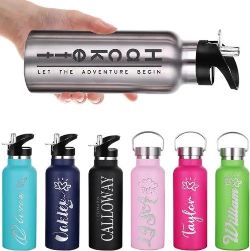 Vista 8 de Botellas de agua personalizadas con tapa de popote de 12/26 onzas, botella de agua deportiva aislada personalizada con grabado láser, botella