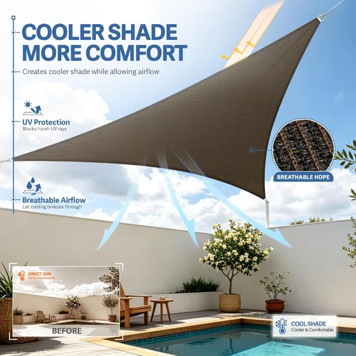 Vista 3 de E&K Sunrise Vela de sombra solar triangular derecha de 10' x 10' x 14.1' pies, toldo cubierta de sombra con bloqueo UV para patio, jardín trasero