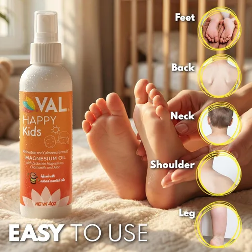 Vista 5 de VAL Spray de aceite de magnesio para niños, calma natural a la hora de acostarse y apoyar el estado de ánimo, magnesio Zechstein, manzanilla y aloe