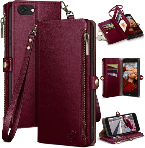 Vista 11 de XcaseBar Compatible con iPhone SE 3rd/7/8 Funda tipo cartera con cremallera y tarjetero de crédito [bloqueo RFID], funda de piel sintética con tapa