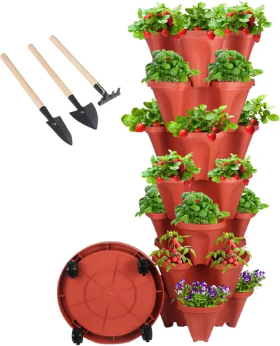 Vista 28 de GameXcel Torre de maceta vertical, macetas apilables de 3 niveles con ruedas y herramientas de jardín, macetas para plantas de fresa, hierbas