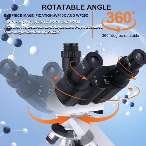 Vista 10 de Herwicm Microscopio trinocular compuesto 40X-5000X Ampliación, Microscopio profesional de grado de investigación, Dos niveles de iluminación LED