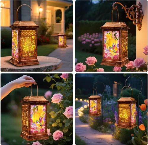 Vista 7 de Faroles Solares de Colibrí para Colgar al Aire Libre, Luces Solares de Metal y Vidrio para Decoración de Jardín, Regalos para Mujeres, Mamá