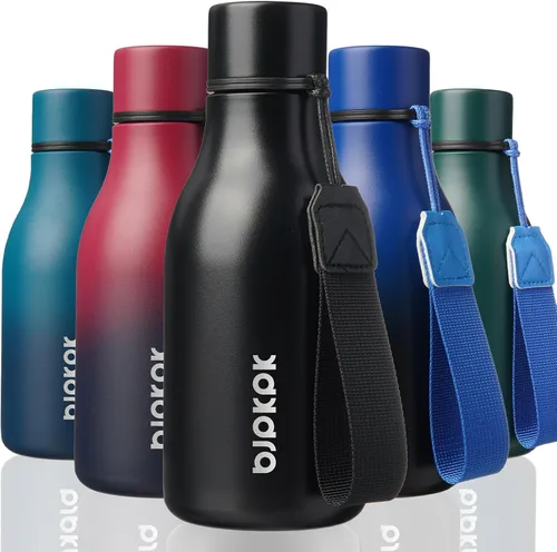 Vista 16 de BJPKPK Botellas de agua aisladas, botella de agua de metal de acero inoxidable de 12 onzas con correa, sin BPA a prueba de fugas, jarras, tazas
