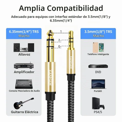 Vista 2 de Cable de audio estéreo de 0.138 in a 1/4 de 3.3 pies/3.3 ft, cable auxiliar TRS macho TRS de 1/4 pulgadas, doble blindado con trenzado