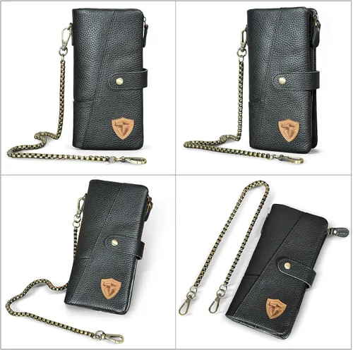 Vista 2 de Genuino caballo loco cuero viaje regalo moneda bolsillo tarjeta caso largo organizador cadena Rfid monedero con broche para hombres hombres 1803