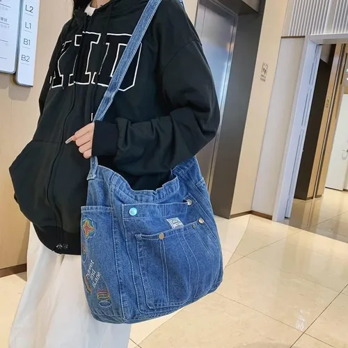 Vista 4 de Demin Purse - Bolso de hombro para mujer, estilo grunge, bolso cruzado estilo hobo estético, bolso cruzado Emo bolso tipo mensajero, ropa