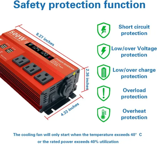 Vista 3 de Inversor de Potencia de 500W Pico 1000W para Vehículos, DC 12V a 110V AC, 4 x 2.4A Puertos USB Adaptador de Enchufe para Carro con Toma con 1 Puerto