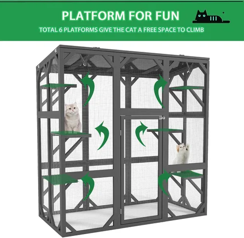 Vista 4 de Ball & Cast Catio - Casa de madera para gatos de 59 pulgadas con anti-UV e impermeable, plataformas y cajas de descanso para interiores, gris oscuro