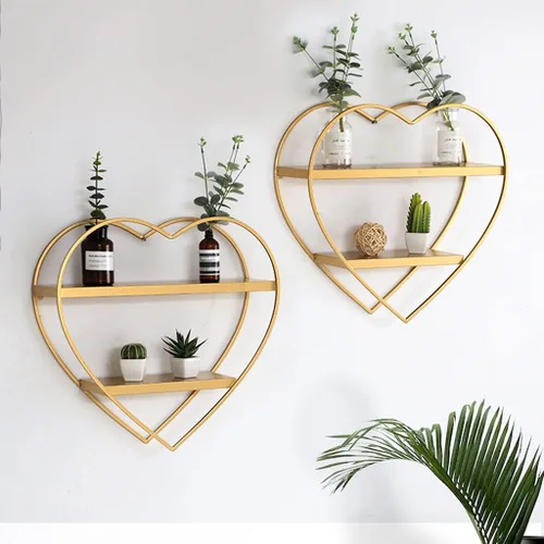 Vista 4 de Estantes de pared flotantes en forma de corazón de metal de 2 niveles para dormitorio (oro, 19.7 x 5.9 x 20.1 in)