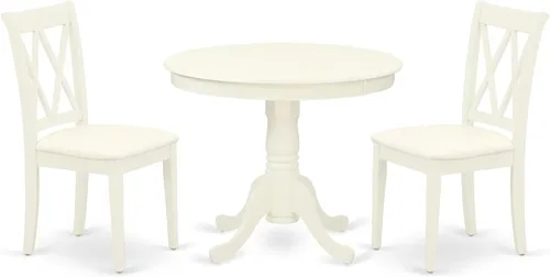 Vista 15 de East West Furniture ANCL3-LWH-W - Juego de mesa de cocina de 3 piezas para espacios pequeños contiene una mesa de comedor redonda con pedestal y 2