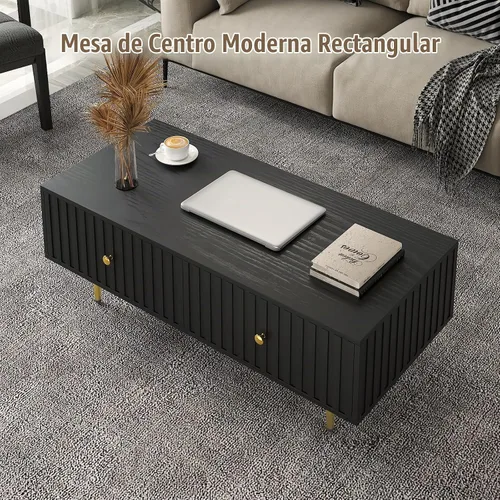 Vista 6 de HedoAjim Mesa de centro moderna con almacenamiento con 2 cajones grandes, mesa auxiliar rectangular negra para sala de estar, mesa de té acanalada