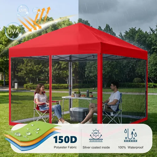Vista 4 de MASTERCANOPY Toldo desplegable para exteriores de fácil instalación con paredes de malla (8 x 8 pies, rojo) Silver‑coated Waterproof UV‑blocking